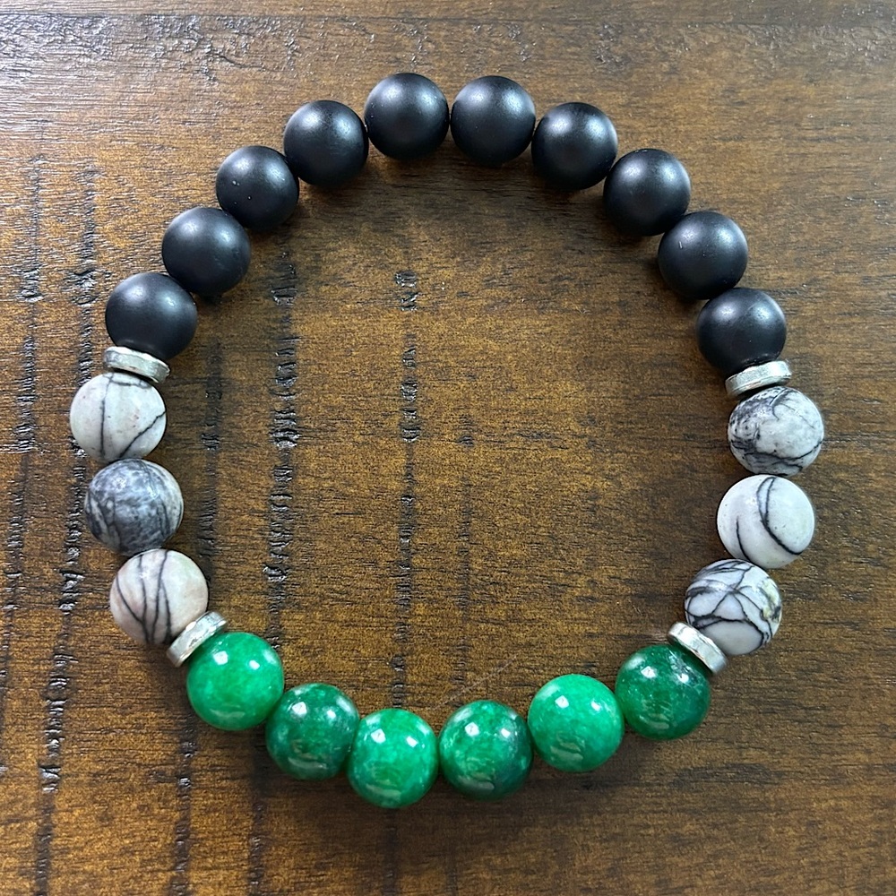Green Jade Black Onyx Spider Web Net Jasper Gemstone Crystal Stretch Bracelet